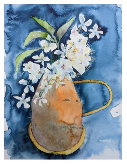 A watercolour painting of a brown jug containing white lillies. The background is a blue wash.