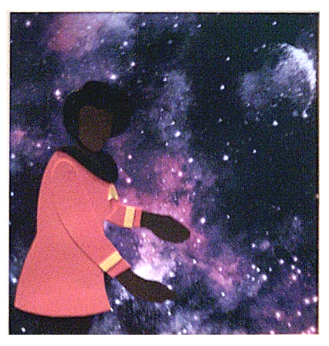 A painting depicting the silhouette of Uhura - a black woman in a red Starfleet uniform - set against a purple galaxy.