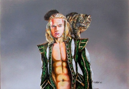 A painting of a white man with long blond hair. He wears a green angular jacket with pronounced shoulder pads that is open to expose a six-pack. On his shoulder stands a cat. Both are looking at the viewer.