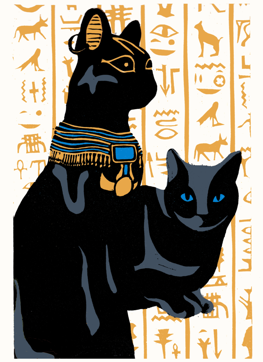 A 2D vector style image of two black cats. The left cat is sitting upright, and is adorned with an Egyptian style necklace made of blue and gold. The cat is looking to the right and has eyes painted in the style of Egyptian cat eye makeup. Sitting behind them, slightly to the right, is a cat lying down and looking directly at the viewer with piercing blue eyes. Behind them are gold hieroglyphs on a white background.